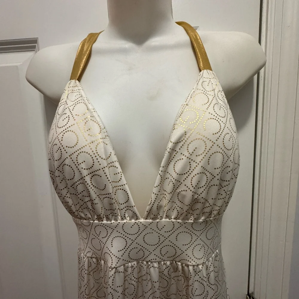 Coogi signature medium maxi halter dress white and gold